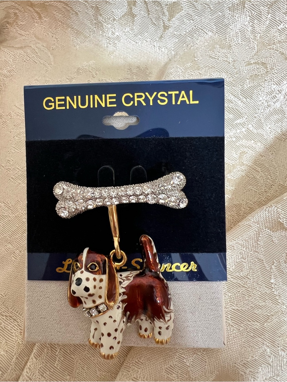 Vintage Beagle Dog and Bone Brooch with Genuine Austrian Crystals NWT
